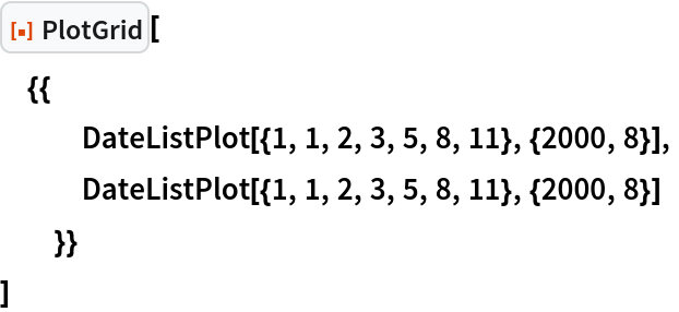 ResourceFunction["PlotGrid"][
 {{
   DateListPlot[{1, 1, 2, 3, 5, 8, 11}, {2000, 8}],
   DateListPlot[{1, 1, 2, 3, 5, 8, 11}, {2000, 8}]
   }}
 ]