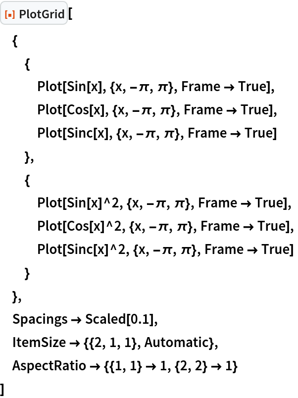 ResourceFunction["PlotGrid"][
 {
  {
   Plot[Sin[x], {x, -\[Pi], \[Pi]}, Frame -> True],
   Plot[Cos[x], {x, -\[Pi], \[Pi]}, Frame -> True],
   Plot[Sinc[x], {x, -\[Pi], \[Pi]}, Frame -> True]
   },
  {
   Plot[Sin[x]^2, {x, -\[Pi], \[Pi]}, Frame -> True],
   Plot[Cos[x]^2, {x, -\[Pi], \[Pi]}, Frame -> True],
   Plot[Sinc[x]^2, {x, -\[Pi], \[Pi]}, Frame -> True]
   }
  },
 Spacings -> Scaled[0.1],
 ItemSize -> {{2, 1, 1}, Automatic},
 AspectRatio -> {{1, 1} -> 1, {2, 2} -> 1}
 ]