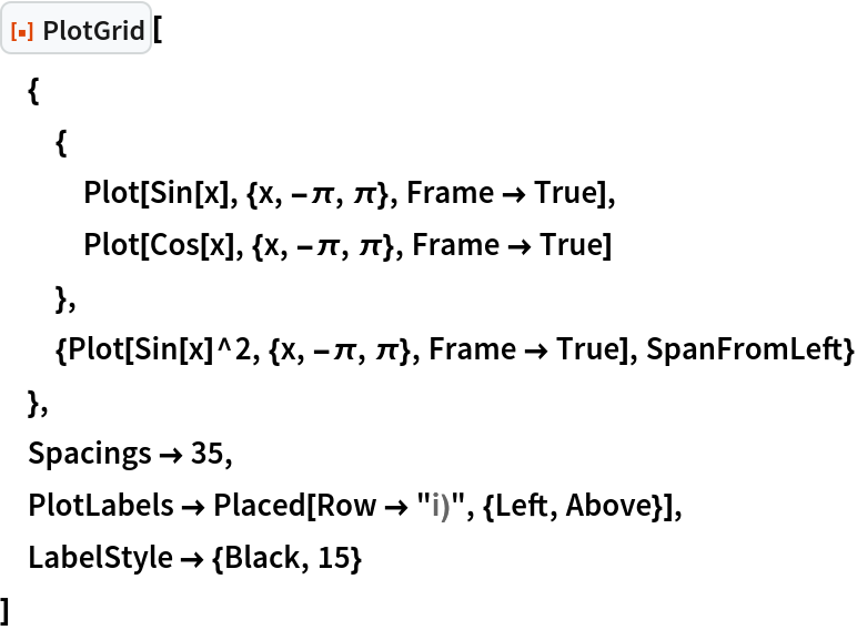 ResourceFunction["PlotGrid"][
 {
  {
   Plot[Sin[x], {x, -\[Pi], \[Pi]}, Frame -> True],
   Plot[Cos[x], {x, -\[Pi], \[Pi]}, Frame -> True]
   },
  {Plot[Sin[x]^2, {x, -\[Pi], \[Pi]}, Frame -> True], SpanFromLeft}
  },
 Spacings -> 35,
 PlotLabels -> Placed[Row -> "i)", {Left, Above}],
 LabelStyle -> {Black, 15}
 ]