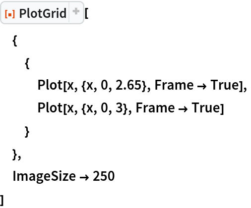 ResourceFunction["PlotGrid"][
 {
  {
   Plot[x, {x, 0, 2.65}, Frame -> True],
   Plot[x, {x, 0, 3}, Frame -> True]
   }
  },
 ImageSize -> 250
 ]