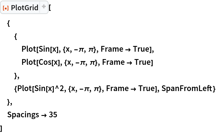 ResourceFunction["PlotGrid"][
 {
  {
   Plot[Sin[x], {x, -\[Pi], \[Pi]}, Frame -> True],
   Plot[Cos[x], {x, -\[Pi], \[Pi]}, Frame -> True]
   },
  {Plot[Sin[x]^2, {x, -\[Pi], \[Pi]}, Frame -> True], SpanFromLeft}
  },
 Spacings -> 35
 ]