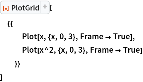 ResourceFunction["PlotGrid"][
 {{
   Plot[x, {x, 0, 3}, Frame -> True],
   Plot[x^2, {x, 0, 3}, Frame -> True]
   }}
 ]