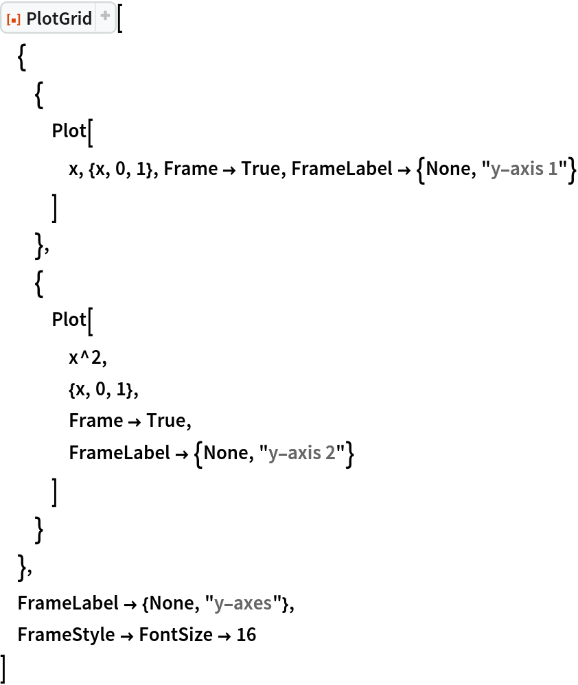 ResourceFunction["PlotGrid"][
 {
  {
   Plot[
    x, {x, 0, 1}, Frame -> True, FrameLabel -> {None, "y-axis 1"}
    ]
   },
  {
   Plot[
    x^2,
    {x, 0, 1},
    Frame -> True,
    FrameLabel -> {None, "y-axis 2"}
    ]
   }
  },
 FrameLabel -> {None, "y-axes"},
 FrameStyle -> FontSize -> 16
 ]