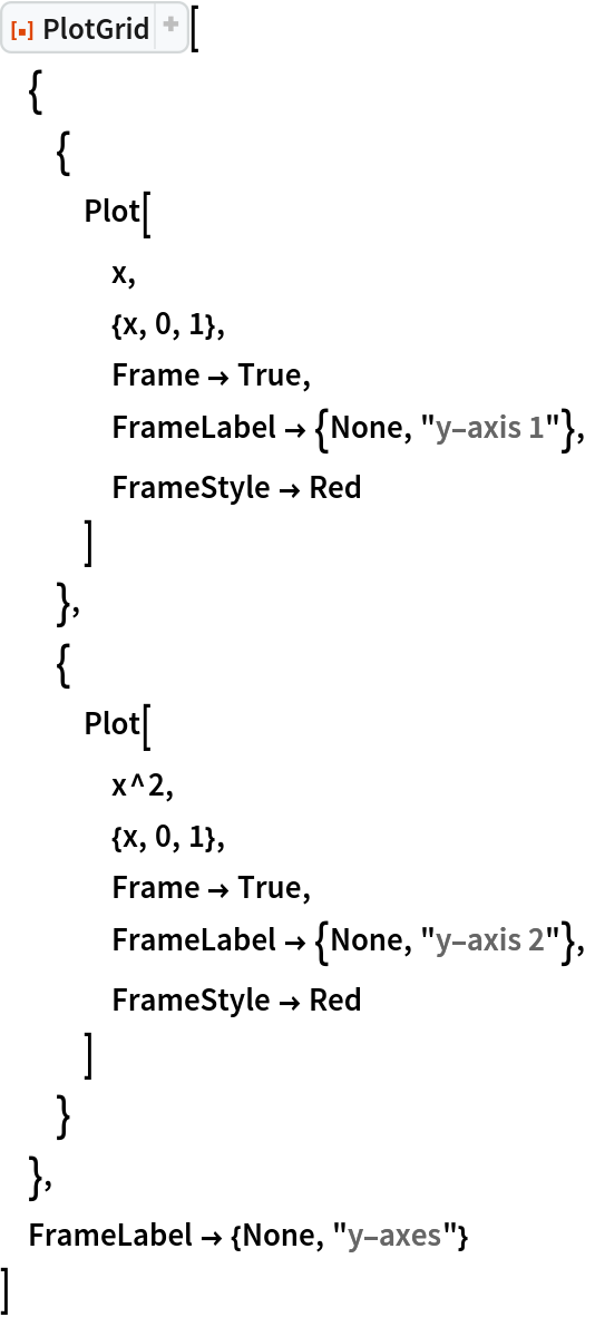 ResourceFunction["PlotGrid"][
 {
  {
   Plot[
    x,
    {x, 0, 1},
    Frame -> True,
    FrameLabel -> {None, "y-axis 1"},
    FrameStyle -> Red
    ]
   },
  {
   Plot[
    x^2,
    {x, 0, 1},
    Frame -> True,
    FrameLabel -> {None, "y-axis 2"},
    FrameStyle -> Red
    ]
   }
  },
 FrameLabel -> {None, "y-axes"}
 ]