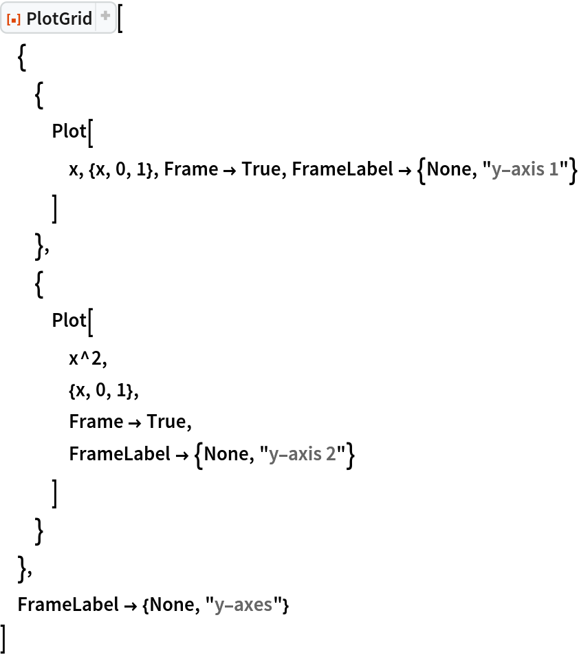 ResourceFunction["PlotGrid"][
 {
  {
   Plot[
    x, {x, 0, 1}, Frame -> True, FrameLabel -> {None, "y-axis 1"}
    ]
   },
  {
   Plot[
    x^2,
    {x, 0, 1},
    Frame -> True,
    FrameLabel -> {None, "y-axis 2"}
    ]
   }
  },
 FrameLabel -> {None, "y-axes"}
 ]