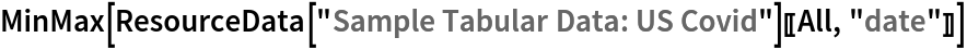 MinMax[ResourceData[\!\(\*
TagBox["\"\<Sample Tabular Data: US Covid\>\"",
#& ,
BoxID -> "ResourceTag-Sample Tabular Data: US Covid-Input",
AutoDelete->True]\)][[All, "date"]]]