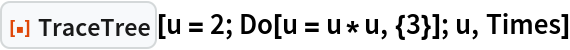 ResourceFunction["TraceTree"][u = 2; Do[u = u*u, {3}]; u, Times]