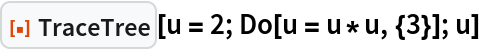 ResourceFunction["TraceTree"][u = 2; Do[u = u*u, {3}]; u]