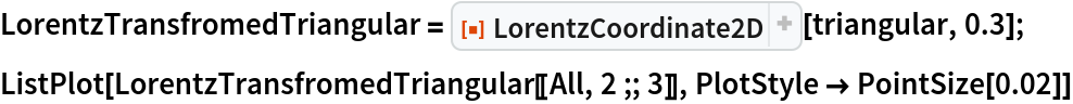 LorentzTransfromedTriangular = ResourceFunction["LorentzCoordinate2D"][triangular, 0.3];
ListPlot[LorentzTransfromedTriangular[[All, 2 ;; 3]], PlotStyle -> PointSize[0.02]]