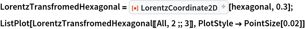 LorentzTransfromedHexagonal = ResourceFunction["LorentzCoordinate2D"][hexagonal, 0.3];
ListPlot[LorentzTransfromedHexagonal[[All, 2 ;; 3]], PlotStyle -> PointSize[0.02]]