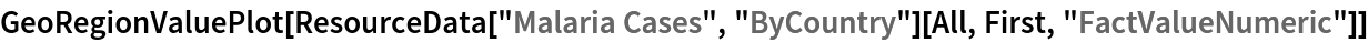 GeoRegionValuePlot[ResourceData[\!\(\*
TagBox["\"\<Malaria Cases\>\"",
#& ,
BoxID -> "ResourceTag-Malaria Cases-Input",
AutoDelete->True]\), "ByCountry"][All, First, "FactValueNumeric"]]