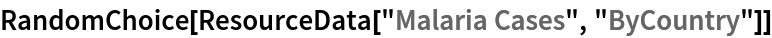 RandomChoice[ResourceData[\!\(\*
TagBox["\"\<Malaria Cases\>\"",
#& ,
BoxID -> "ResourceTag-Malaria Cases-Input",
AutoDelete->True]\), "ByCountry"]]