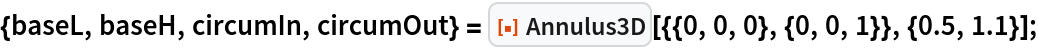 {baseL, baseH, circumIn, circumOut} = ResourceFunction["Annulus3D"][{{0, 0, 0}, {0, 0, 1}}, {0.5, 1.1}];