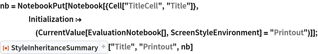 nb = NotebookPut[
   Notebook[{Cell["TitleCell", "Title"]}, Initialization :> (CurrentValue[EvaluationNotebook[], ScreenStyleEnvironment] = "Printout")]];
ResourceFunction["StyleInheritanceSummary", ResourceVersion->"1.0.0", ResourceSystemBase -> "https://www.wolframcloud.com/objects/resourcesystem/api/1.0"]["Title", "Printout", nb]