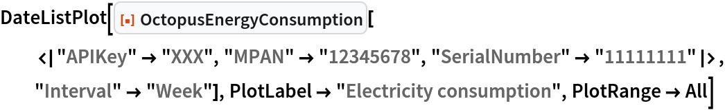 DateListPlot[
 ResourceFunction[
  "OctopusEnergyConsumption"][<|"APIKey" -> "XXX", "MPAN" -> "12345678", "SerialNumber" -> "11111111"|>, "Interval" -> "Week"], PlotLabel -> "Electricity consumption", PlotRange -> All]