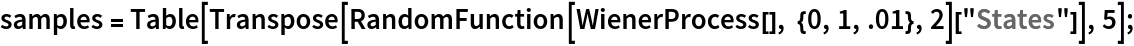 samples = Table[Transpose[
    RandomFunction[WienerProcess[], {0, 1, .01}, 2]["States"]], 5];