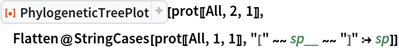 ResourceFunction[
ResourceObject[<|"Name" -> "PhylogeneticTreePlot", "ShortName" -> "PhylogeneticTreePlot", "UUID" -> "562d05d8-fc55-4fe9-beb8-4e6746b1f1da", "ResourceType" -> "Function", "Version" -> "4.0.1", "Description" -> "Plot a dendrogram for a set of genome nucleotide sequences", "RepositoryLocation" -> URL[
     "https://www.wolframcloud.com/obj/resourcesystem/api/1.0"], "SymbolName" -> "FunctionRepository`$22a295ca301946a0b4a3927b3f4ab819`PhylogeneticTreePlot", "FunctionLocation" -> CloudObject[
     "https://www.wolframcloud.com/obj/7a024d7d-ed87-4a84-8ab6-02b9992bde2b"]|>, ResourceSystemBase -> Automatic]][prot[[All, 2, 1]],
  Flatten@StringCases[prot[[All, 1, 1]], "[" ~~ sp__ ~~ "]" :> sp]]