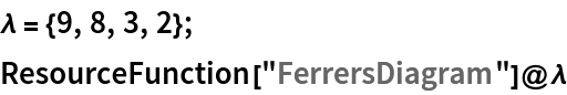 \[Lambda] = {9, 8, 3, 2};
ResourceFunction["FerrersDiagram"]@\[Lambda]