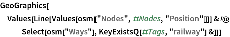 GeoGraphics[
 Values[Line[Values[osm[["Nodes", #Nodes, "Position"]]]] & /@ Select[osm["Ways"], KeyExistsQ[#Tags, "railway"] &]]]