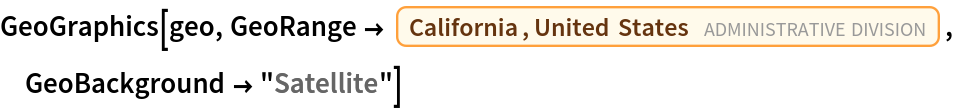 GeoGraphics[geo, GeoRange -> Entity["AdministrativeDivision", {"California", "UnitedStates"}], GeoBackground -> "Satellite"]