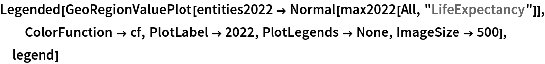 Legended[
 GeoRegionValuePlot[
  entities2022 -> Normal[max2022[All, "LifeExpectancy"]], ColorFunction -> cf, PlotLabel -> 2022, PlotLegends -> None, ImageSize -> 500], legend]