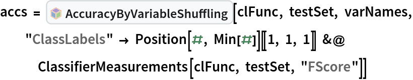 accs = InterpretationBox[FrameBox[TagBox[TooltipBox[PaneBox[GridBox[List[List[GraphicsBox[List[Thickness[0.0025`], List[FaceForm[List[RGBColor[0.9607843137254902`, 0.5058823529411764`, 0.19607843137254902`], Opacity[1.`]]], FilledCurveBox[List[List[List[0, 2, 0], List[0, 1, 0], List[0, 1, 0], List[0, 1, 0], List[0, 1, 0]], List[List[0, 2, 0], List[0, 1, 0], List[0, 1, 0], List[0, 1, 0], List[0, 1, 0]], List[List[0, 2, 0], List[0, 1, 0], List[0, 1, 0], List[0, 1, 0], List[0, 1, 0], List[0, 1, 0]], List[List[0, 2, 0], List[1, 3, 3], List[0, 1, 0], List[1, 3, 3], List[0, 1, 0], List[1, 3, 3], List[0, 1, 0], List[1, 3, 3], List[1, 3, 3], List[0, 1, 0], List[1, 3, 3], List[0, 1, 0], List[1, 3, 3]]], List[List[List[205.`, 22.863691329956055`], List[205.`, 212.31669425964355`], List[246.01799774169922`, 235.99870109558105`], List[369.0710144042969`, 307.0436840057373`], List[369.0710144042969`, 117.59068870544434`], List[205.`, 22.863691329956055`]], List[List[30.928985595703125`, 307.0436840057373`], List[153.98200225830078`, 235.99870109558105`], List[195.`, 212.31669425964355`], List[195.`, 22.863691329956055`], List[30.928985595703125`, 117.59068870544434`], List[30.928985595703125`, 307.0436840057373`]], List[List[200.`, 410.42970085144043`], List[364.0710144042969`, 315.7036876678467`], List[241.01799774169922`, 244.65868949890137`], List[200.`, 220.97669792175293`], List[158.98200225830078`, 244.65868949890137`], List[35.928985595703125`, 315.7036876678467`], List[200.`, 410.42970085144043`]], List[List[376.5710144042969`, 320.03370475769043`], List[202.5`, 420.53370475769043`], List[200.95300006866455`, 421.42667961120605`], List[199.04699993133545`, 421.42667961120605`], List[197.5`, 420.53370475769043`], List[23.428985595703125`, 320.03370475769043`], List[21.882003784179688`, 319.1406993865967`], List[20.928985595703125`, 317.4896984100342`], List[20.928985595703125`, 315.7036876678467`], List[20.928985595703125`, 114.70369529724121`], List[20.928985595703125`, 112.91769218444824`], List[21.882003784179688`, 111.26669120788574`], List[23.428985595703125`, 110.37369346618652`], List[197.5`, 9.87369155883789`], List[198.27300024032593`, 9.426692008972168`], List[199.13700008392334`, 9.203690528869629`], List[200.`, 9.203690528869629`], List[200.86299991607666`, 9.203690528869629`], List[201.72699999809265`, 9.426692008972168`], List[202.5`, 9.87369155883789`], List[376.5710144042969`, 110.37369346618652`], List[378.1179962158203`, 111.26669120788574`], List[379.0710144042969`, 112.91769218444824`], List[379.0710144042969`, 114.70369529724121`], List[379.0710144042969`, 315.7036876678467`], List[379.0710144042969`, 317.4896984100342`], List[378.1179962158203`, 319.1406993865967`], List[376.5710144042969`, 320.03370475769043`]]]]], List[FaceForm[List[RGBColor[0.5529411764705883`, 0.6745098039215687`, 0.8117647058823529`], Opacity[1.`]]], FilledCurveBox[List[List[List[0, 2, 0], List[0, 1, 0], List[0, 1, 0], List[0, 1, 0]]], List[List[List[44.92900085449219`, 282.59088134765625`], List[181.00001525878906`, 204.0298843383789`], List[181.00001525878906`, 46.90887451171875`], List[44.92900085449219`, 125.46986389160156`], List[44.92900085449219`, 282.59088134765625`]]]]], List[FaceForm[List[RGBColor[0.6627450980392157`, 0.803921568627451`, 0.5686274509803921`], Opacity[1.`]]], FilledCurveBox[List[List[List[0, 2, 0], List[0, 1, 0], List[0, 1, 0], List[0, 1, 0]]], List[List[List[355.0710144042969`, 282.59088134765625`], List[355.0710144042969`, 125.46986389160156`], List[219.`, 46.90887451171875`], List[219.`, 204.0298843383789`], List[355.0710144042969`, 282.59088134765625`]]]]], List[FaceForm[List[RGBColor[0.6901960784313725`, 0.5882352941176471`, 0.8117647058823529`], Opacity[1.`]]], FilledCurveBox[List[List[List[0, 2, 0], List[0, 1, 0], List[0, 1, 0], List[0, 1, 0]]], List[List[List[200.`, 394.0606994628906`], List[336.0710144042969`, 315.4997024536133`], List[200.`, 236.93968200683594`], List[63.928985595703125`, 315.4997024536133`], List[200.`, 394.0606994628906`]]]]]], List[Rule[BaselinePosition, Scaled[0.15`]], Rule[ImageSize, 10], Rule[ImageSize, 15]]], StyleBox[RowBox[List["AccuracyByVariableShuffling", " "]], Rule[ShowAutoStyles, False], Rule[ShowStringCharacters, False], Rule[FontSize, Times[0.9`, Inherited]], Rule[FontColor, GrayLevel[0.1`]]]]], Rule[GridBoxSpacings, List[Rule["Columns", List[List[0.25`]]]]]], Rule[Alignment, List[Left, Baseline]], Rule[BaselinePosition, Baseline], Rule[FrameMargins, List[List[3, 0], List[0, 0]]], Rule[BaseStyle, List[Rule[LineSpacing, List[0, 0]], Rule[LineBreakWithin, False]]]], RowBox[List["PacletSymbol", "[", RowBox[List["\"AntonAntonov/VariableImportanceByClassifiers\"", ",", "\"AntonAntonov`VariableImportanceByClassifiers`AccuracyByVariableShuffling\""]], "]"]], Rule[TooltipStyle, List[Rule[ShowAutoStyles, True], Rule[ShowStringCharacters, True]]]], Function[Annotation[Slot[1], Style[Defer[PacletSymbol["AntonAntonov/VariableImportanceByClassifiers", "AntonAntonov`VariableImportanceByClassifiers`AccuracyByVariableShuffling"]], Rule[ShowStringCharacters, True]], "Tooltip"]]], Rule[Background, RGBColor[0.968`, 0.976`, 0.984`]], Rule[BaselinePosition, Baseline], Rule[DefaultBaseStyle, List[]], Rule[FrameMargins, List[List[0, 0], List[1, 1]]], Rule[FrameStyle, RGBColor[0.831`, 0.847`, 0.85`]], Rule[RoundingRadius, 4]], PacletSymbol["AntonAntonov/VariableImportanceByClassifiers", "AntonAntonov`VariableImportanceByClassifiers`AccuracyByVariableShuffling"], Rule[Selectable, False], Rule[SelectWithContents, True], Rule[BoxID, "PacletSymbolBox"]][clFunc, testSet, varNames, "ClassLabels" -> Position[#, Min[#]][[1, 1, 1]] &@
   ClassifierMeasurements[clFunc, testSet, "FScore"]]