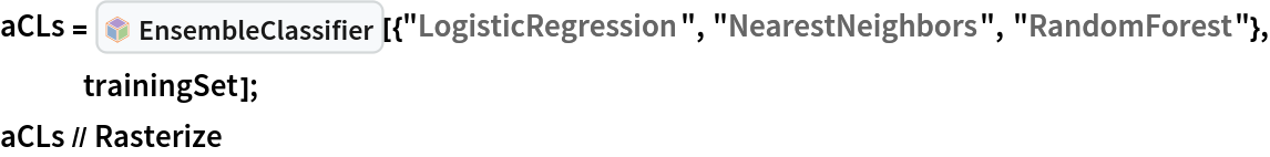 aCLs = InterpretationBox[FrameBox[TagBox[TooltipBox[PaneBox[GridBox[List[List[GraphicsBox[List[Thickness[0.0025`], List[FaceForm[List[RGBColor[0.9607843137254902`, 0.5058823529411764`, 0.19607843137254902`], Opacity[1.`]]], FilledCurveBox[List[List[List[0, 2, 0], List[0, 1, 0], List[0, 1, 0], List[0, 1, 0], List[0, 1, 0]], List[List[0, 2, 0], List[0, 1, 0], List[0, 1, 0], List[0, 1, 0], List[0, 1, 0]], List[List[0, 2, 0], List[0, 1, 0], List[0, 1, 0], List[0, 1, 0], List[0, 1, 0], List[0, 1, 0]], List[List[0, 2, 0], List[1, 3, 3], List[0, 1, 0], List[1, 3, 3], List[0, 1, 0], List[1, 3, 3], List[0, 1, 0], List[1, 3, 3], List[1, 3, 3], List[0, 1, 0], List[1, 3, 3], List[0, 1, 0], List[1, 3, 3]]], List[List[List[205.`, 22.863691329956055`], List[205.`, 212.31669425964355`], List[246.01799774169922`, 235.99870109558105`], List[369.0710144042969`, 307.0436840057373`], List[369.0710144042969`, 117.59068870544434`], List[205.`, 22.863691329956055`]], List[List[30.928985595703125`, 307.0436840057373`], List[153.98200225830078`, 235.99870109558105`], List[195.`, 212.31669425964355`], List[195.`, 22.863691329956055`], List[30.928985595703125`, 117.59068870544434`], List[30.928985595703125`, 307.0436840057373`]], List[List[200.`, 410.42970085144043`], List[364.0710144042969`, 315.7036876678467`], List[241.01799774169922`, 244.65868949890137`], List[200.`, 220.97669792175293`], List[158.98200225830078`, 244.65868949890137`], List[35.928985595703125`, 315.7036876678467`], List[200.`, 410.42970085144043`]], List[List[376.5710144042969`, 320.03370475769043`], List[202.5`, 420.53370475769043`], List[200.95300006866455`, 421.42667961120605`], List[199.04699993133545`, 421.42667961120605`], List[197.5`, 420.53370475769043`], List[23.428985595703125`, 320.03370475769043`], List[21.882003784179688`, 319.1406993865967`], List[20.928985595703125`, 317.4896984100342`], List[20.928985595703125`, 315.7036876678467`], List[20.928985595703125`, 114.70369529724121`], List[20.928985595703125`, 112.91769218444824`], List[21.882003784179688`, 111.26669120788574`], List[23.428985595703125`, 110.37369346618652`], List[197.5`, 9.87369155883789`], List[198.27300024032593`, 9.426692008972168`], List[199.13700008392334`, 9.203690528869629`], List[200.`, 9.203690528869629`], List[200.86299991607666`, 9.203690528869629`], List[201.72699999809265`, 9.426692008972168`], List[202.5`, 9.87369155883789`], List[376.5710144042969`, 110.37369346618652`], List[378.1179962158203`, 111.26669120788574`], List[379.0710144042969`, 112.91769218444824`], List[379.0710144042969`, 114.70369529724121`], List[379.0710144042969`, 315.7036876678467`], List[379.0710144042969`, 317.4896984100342`], List[378.1179962158203`, 319.1406993865967`], List[376.5710144042969`, 320.03370475769043`]]]]], List[FaceForm[List[RGBColor[0.5529411764705883`, 0.6745098039215687`, 0.8117647058823529`], Opacity[1.`]]], FilledCurveBox[List[List[List[0, 2, 0], List[0, 1, 0], List[0, 1, 0], List[0, 1, 0]]], List[List[List[44.92900085449219`, 282.59088134765625`], List[181.00001525878906`, 204.0298843383789`], List[181.00001525878906`, 46.90887451171875`], List[44.92900085449219`, 125.46986389160156`], List[44.92900085449219`, 282.59088134765625`]]]]], List[FaceForm[List[RGBColor[0.6627450980392157`, 0.803921568627451`, 0.5686274509803921`], Opacity[1.`]]], FilledCurveBox[List[List[List[0, 2, 0], List[0, 1, 0], List[0, 1, 0], List[0, 1, 0]]], List[List[List[355.0710144042969`, 282.59088134765625`], List[355.0710144042969`, 125.46986389160156`], List[219.`, 46.90887451171875`], List[219.`, 204.0298843383789`], List[355.0710144042969`, 282.59088134765625`]]]]], List[FaceForm[List[RGBColor[0.6901960784313725`, 0.5882352941176471`, 0.8117647058823529`], Opacity[1.`]]], FilledCurveBox[List[List[List[0, 2, 0], List[0, 1, 0], List[0, 1, 0], List[0, 1, 0]]], List[List[List[200.`, 394.0606994628906`], List[336.0710144042969`, 315.4997024536133`], List[200.`, 236.93968200683594`], List[63.928985595703125`, 315.4997024536133`], List[200.`, 394.0606994628906`]]]]]], List[Rule[BaselinePosition, Scaled[0.15`]], Rule[ImageSize, 10], Rule[ImageSize, 15]]], StyleBox[RowBox[List["EnsembleClassifier", " "]], Rule[ShowAutoStyles, False], Rule[ShowStringCharacters, False], Rule[FontSize, Times[0.9`, Inherited]], Rule[FontColor, GrayLevel[0.1`]]]]], Rule[GridBoxSpacings, List[Rule["Columns", List[List[0.25`]]]]]], Rule[Alignment, List[Left, Baseline]], Rule[BaselinePosition, Baseline], Rule[FrameMargins, List[List[3, 0], List[0, 0]]], Rule[BaseStyle, List[Rule[LineSpacing, List[0, 0]], Rule[LineBreakWithin, False]]]], RowBox[List["PacletSymbol", "[", RowBox[List["\"AntonAntonov/ClassifierEnsembles\"", ",", "\"AntonAntonov`ClassifierEnsembles`EnsembleClassifier\""]], "]"]], Rule[TooltipStyle, List[Rule[ShowAutoStyles, True], Rule[ShowStringCharacters, True]]]], Function[Annotation[Slot[1], Style[Defer[PacletSymbol["AntonAntonov/ClassifierEnsembles", "AntonAntonov`ClassifierEnsembles`EnsembleClassifier"]], Rule[ShowStringCharacters, True]], "Tooltip"]]], Rule[Background, RGBColor[0.968`, 0.976`, 0.984`]], Rule[BaselinePosition, Baseline], Rule[DefaultBaseStyle, List[]], Rule[FrameMargins, List[List[0, 0], List[1, 1]]], Rule[FrameStyle, RGBColor[0.831`, 0.847`, 0.85`]], Rule[RoundingRadius, 4]], PacletSymbol["AntonAntonov/ClassifierEnsembles", "AntonAntonov`ClassifierEnsembles`EnsembleClassifier"], Rule[Selectable, False], Rule[SelectWithContents, True], Rule[BoxID, "PacletSymbolBox"]][{"LogisticRegression",
     "NearestNeighbors", "RandomForest"}, trainingSet];
aCLs // Rasterize