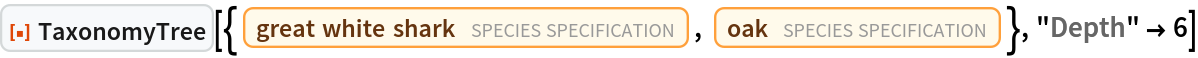 ResourceFunction["TaxonomyTree", ResourceVersion->"1.0.0"][{Entity["TaxonomicSpecies", "CarcharodonCarcharias::k6mys"], Entity["TaxonomicSpecies", "Quercus::k2384"]}, "Depth" -> 6]