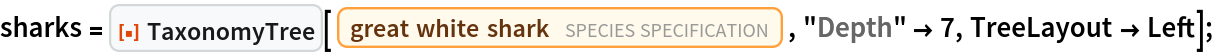 sharks = ResourceFunction["TaxonomyTree"][
   Entity["TaxonomicSpecies", "CarcharodonCarcharias::k6mys"], "Depth" -> 7, TreeLayout -> Left];