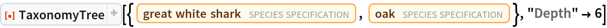 ResourceFunction["TaxonomyTree", ResourceVersion->"1.0.1"][{Entity["TaxonomicSpecies", "CarcharodonCarcharias::k6mys"], Entity["TaxonomicSpecies", "Quercus::k2384"]}, "Depth" -> 6]