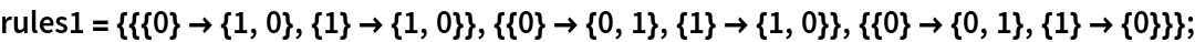 rules1 = {{{0} -> {1, 0}, {1} -> {1, 0}}, {{0} -> {0, 1}, {1} -> {1, 0}}, {{0} -> {0, 1}, {1} -> {0}}};