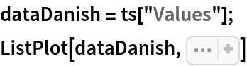 dataDanish = ts["Values"];
ListPlot[dataDanish, Sequence[
 Filling -> Axis, PlotRange -> All, Axes -> False, Frame -> True, FrameLabel -> {"Time Index", "Claim Size"}, ImageSize -> 500, BaseStyle -> {FontSize -> 14}]]