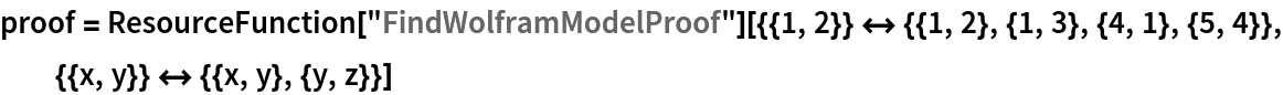 proof = ResourceFunction[
   "FindWolframModelProof"][{{1, 2}} <-> {{1, 2}, {1, 3}, {4, 1}, {5, 4}}, {{x, y}} <-> {{x, y}, {y, z}}]