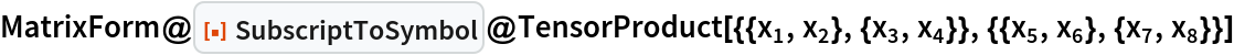 MatrixForm@
 ResourceFunction["SubscriptToSymbol"]@
  TensorProduct[{{Subscript[x, 1], Subscript[x, 2]}, {Subscript[x, 3],
      Subscript[x, 4]}}, {{Subscript[x, 5], Subscript[x, 6]}, {Subscript[x, 7], Subscript[x, 8]}}]