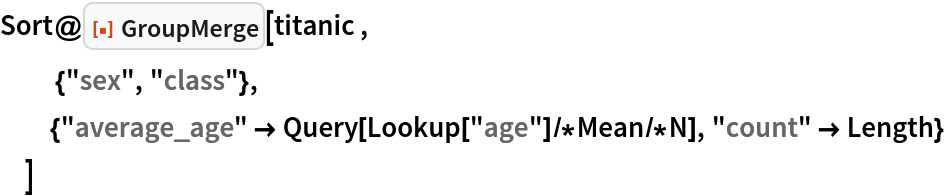 Sort@ResourceFunction["GroupMerge"][titanic ,
   {"sex", "class"},
  {"average_age" -> Query[Lookup["age"]/*Mean/*N], "count" -> Length}
  ]