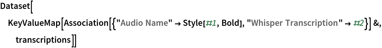 Dataset[KeyValueMap[
  Association[{"Audio Name" -> Style[#1, Bold], "Whisper Transcription" -> #2}] &, transcriptions]]