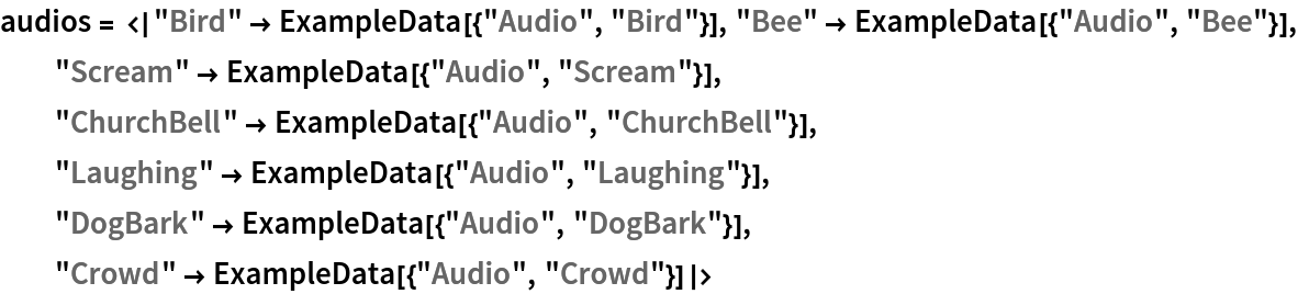 audios = <|"Bird" -> ExampleData[{"Audio", "Bird"}], "Bee" -> ExampleData[{"Audio", "Bee"}], "Scream" -> ExampleData[{"Audio", "Scream"}], "ChurchBell" -> ExampleData[{"Audio", "ChurchBell"}], "Laughing" -> ExampleData[{"Audio", "Laughing"}], "DogBark" -> ExampleData[{"Audio", "DogBark"}], "Crowd" -> ExampleData[{"Audio", "Crowd"}]|>