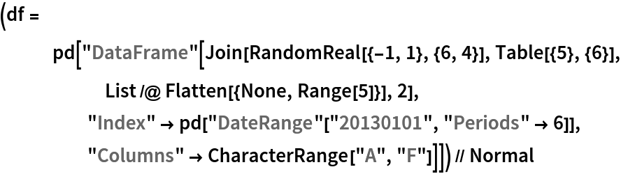 (df = pd[
    "DataFrame"[
     Join[RandomReal[{-1, 1}, {6, 4}], Table[{5}, {6}], List /@ Flatten[{None, Range[5]}], 2], "Index" -> pd["DateRange"["20130101", "Periods" -> 6]], "Columns" -> CharacterRange["A", "F"]]]) // Normal