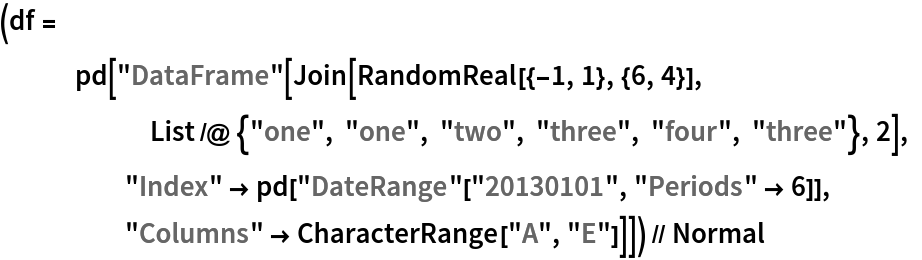 (df = pd[
    "DataFrame"[
     Join[RandomReal[{-1, 1}, {6, 4}], List /@ {"one", "one", "two", "three", "four", "three"}, 2], "Index" -> pd["DateRange"["20130101", "Periods" -> 6]], "Columns" -> CharacterRange["A", "E"]]]) // Normal