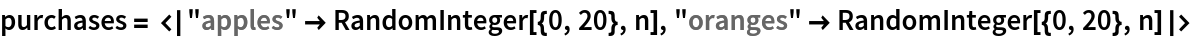 purchases = <|"apples" -> RandomInteger[{0, 20}, n], "oranges" -> RandomInteger[{0, 20}, n]|>
