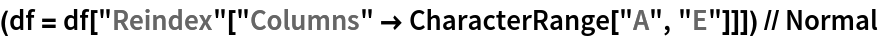 (df = df["Reindex"["Columns" -> CharacterRange["A", "E"]]]) // Normal