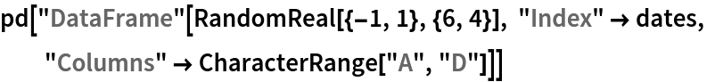 pd["DataFrame"[RandomReal[{-1, 1}, {6, 4}], "Index" -> dates, "Columns" -> CharacterRange["A", "D"]]]