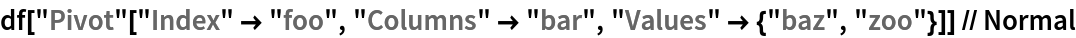 df["Pivot"["Index" -> "foo", "Columns" -> "bar", "Values" -> {"baz", "zoo"}]] // Normal