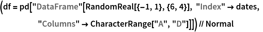 (df = pd[
    "DataFrame"[RandomReal[{-1, 1}, {6, 4}], "Index" -> dates, "Columns" -> CharacterRange["A", "D"]]]) // Normal