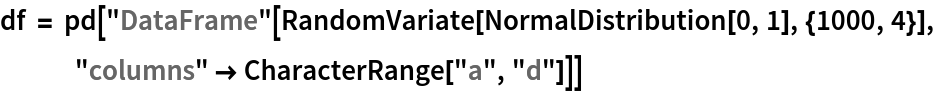 df = pd["DataFrame"[
   RandomVariate[NormalDistribution[0, 1], {1000, 4}], "columns" -> CharacterRange["a", "d"]]]