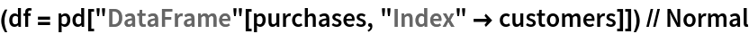 (df = pd["DataFrame"[purchases, "Index" -> customers]]) // Normal