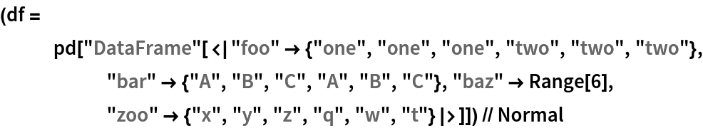 (df = pd[
    "DataFrame"[<|"foo" -> {"one", "one", "one", "two", "two", "two"},
       "bar" -> {"A", "B", "C", "A", "B", "C"}, "baz" -> Range[6], "zoo" -> {"x", "y", "z", "q", "w", "t"}|>]]) // Normal