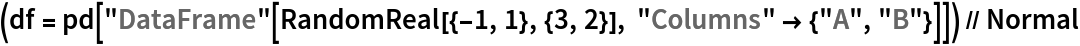 (df = pd[
    "DataFrame"[RandomReal[{-1, 1}, {3, 2}], "Columns" -> {"A", "B"}]]) // Normal