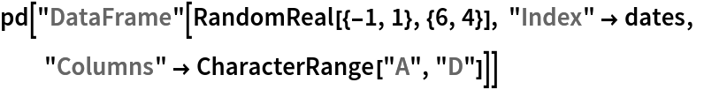 pd["DataFrame"[RandomReal[{-1, 1}, {6, 4}], "Index" -> dates, "Columns" -> CharacterRange["A", "D"]]]