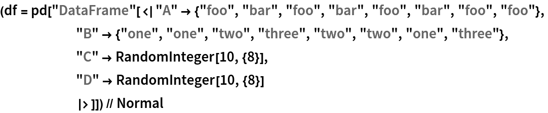 (df = pd[
    "DataFrame"[<|
      "A" -> {"foo", "bar", "foo", "bar", "foo", "bar", "foo", "foo"},
      "B" -> {"one", "one", "two", "three", "two", "two", "one", "three"},
      "C" -> RandomInteger[10, {8}],
      "D" -> RandomInteger[10, {8}]
      |>]]) // Normal